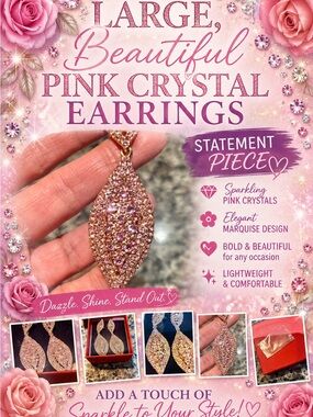 Elegant Pink/Rose Crystal Leaf Earrings. Beautiful Valentines 💘 gift! New!